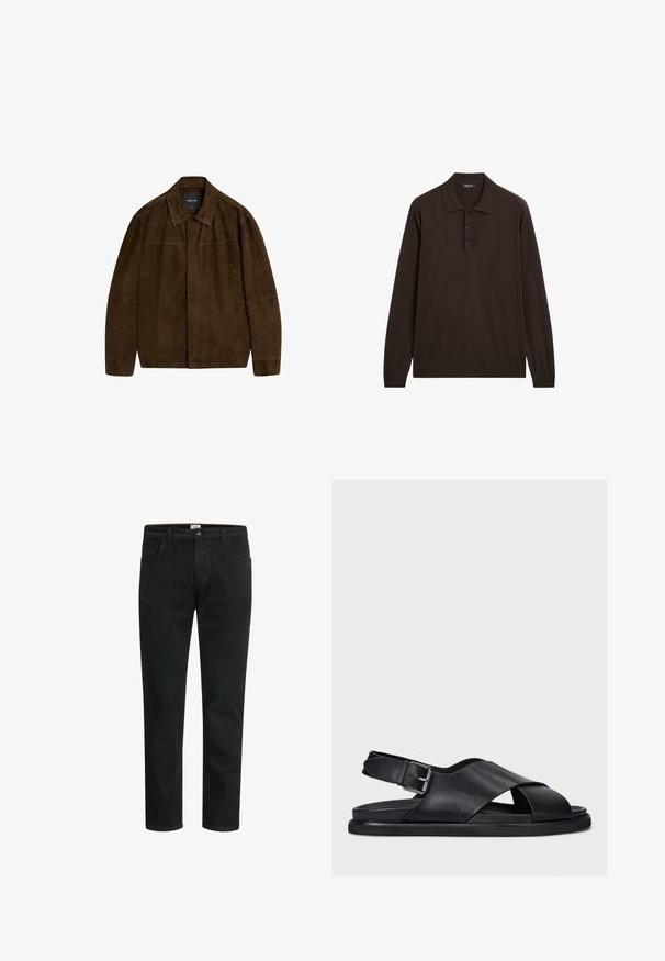 Brown suede jacket with a collar, long sleeves, and a front closure. Features a smooth texture and simple design with no visible patterns.; Dark brown long-sleeve polo shirt with three buttons and a classic collar, displayed on a white background.; Black denim jeans with a straight cut, featuring a button and zipper closure, five pockets, and minimal stitching detail.; Polo Ralph Lauren ZANE LEATHER SANDAL - Sandals - black