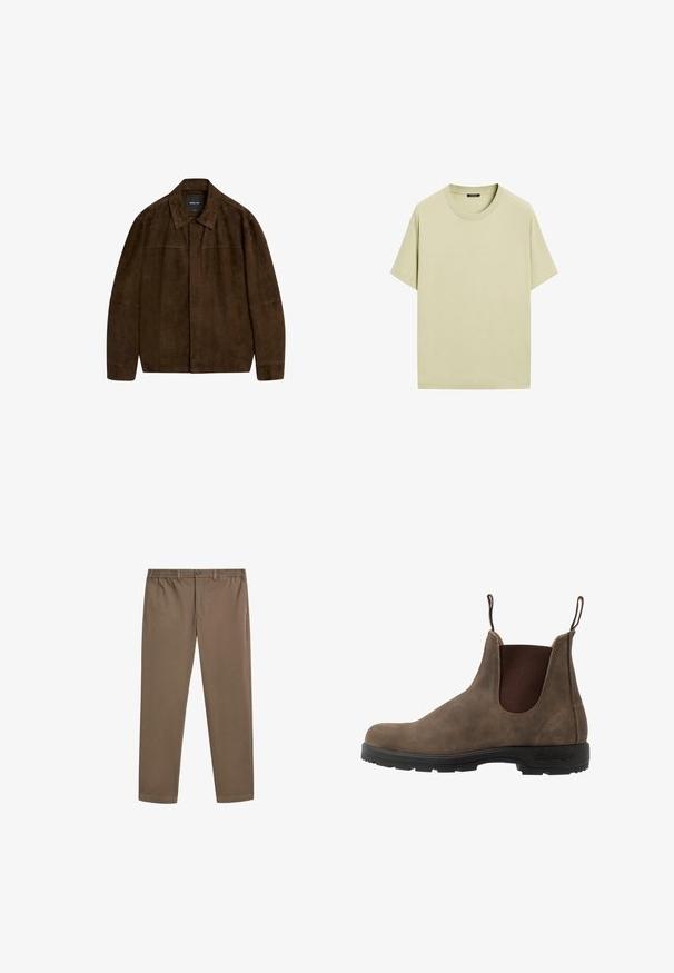 Brun mockajacka med krage, långa ärmar och framknäppning. Har en slät struktur och enkel design utan synliga mönster.; Ljusgrön bomullströja med korta ärmar, rund hals och avslappnad passform. Enkel, enfärgad utan synliga mönster eller utsmyckningar.; Bruna bomullschinos med rak bendesign, elastisk midja och framfickor. Slät yta och minimala sömnadsdetaljer.; Brun läder chelsea-boot med elastiska sidopaneler, dragflikar och en svart gummisula med ett strukturerat mönster för grepp.