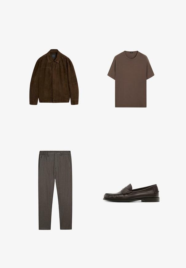 Bruine suède jas met een kraag, lange mouwen en een sluiting aan de voorkant. Heeft een soepele textuur en een eenvoudig ontwerp zonder zichtbare patronen.; Bruine katoenen t-shirt met een ronde hals en korte mouwen. Eenvoudig ontwerp met een gelijkmatige textuur en een comfortabele pasvorm. Geen patronen of accenten.; Grijze broek met een zachte textuur, voorzien van een elastische tailleband, knoopsluiting en zijzakken, ontworpen met een rechte pijp.; Bruine leren instappers met een gladde textuur, voorzien van decoratieve stiksels, een lage hak en een rond te ontwerp.
