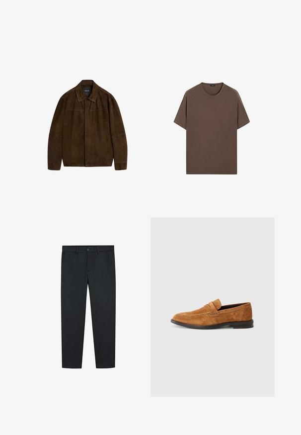 Braune Wildlederjacke mit Kragen, langen Ärmeln und einem Frontverschluss. Verfügt über eine glatte Textur und ein einfaches Design ohne sichtbare Muster.; Braunes Baumwoll-T-Shirt mit Rundhalsausschnitt und kurzen Ärmeln. Einfaches Design mit gleichmäßiger Textur und lockerer Passform. Keine Muster oder Akzente.; Schwarze Hosen mit geradem Bein Design, aus glattem Stoff gefertigt. Besitzt zwei Fronttaschen und einen Knopfverschluss in der Taille.; Braune Wildleder Slipper mit abgerundetem Zehenbereich, dekorativen Nähten, einem elastischen Band über dem Spann und einer flachen Gummisohle.