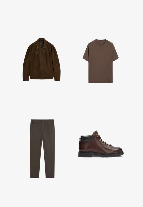 Bruine suède jas met een kraag, lange mouwen en een sluiting aan de voorkant. Heeft een soepele textuur en een eenvoudig ontwerp zonder zichtbare patronen.; Bruine katoenen t-shirt met een ronde hals en korte mouwen. Eenvoudig ontwerp met een gelijkmatige textuur en een comfortabele pasvorm. Geen patronen of accenten.; Donkerbruine broek met recht model, elastische tailleband, knoopsluiting aan de voorkant en steekzakken aan de zijkant. Soepele stoftextuur.; Bruine leren wandelschoenen met een gestructureerde afwerking, zilveren veterogen en een zwarte enkelschutz. Rubberzool met een stevige loopprofiel.