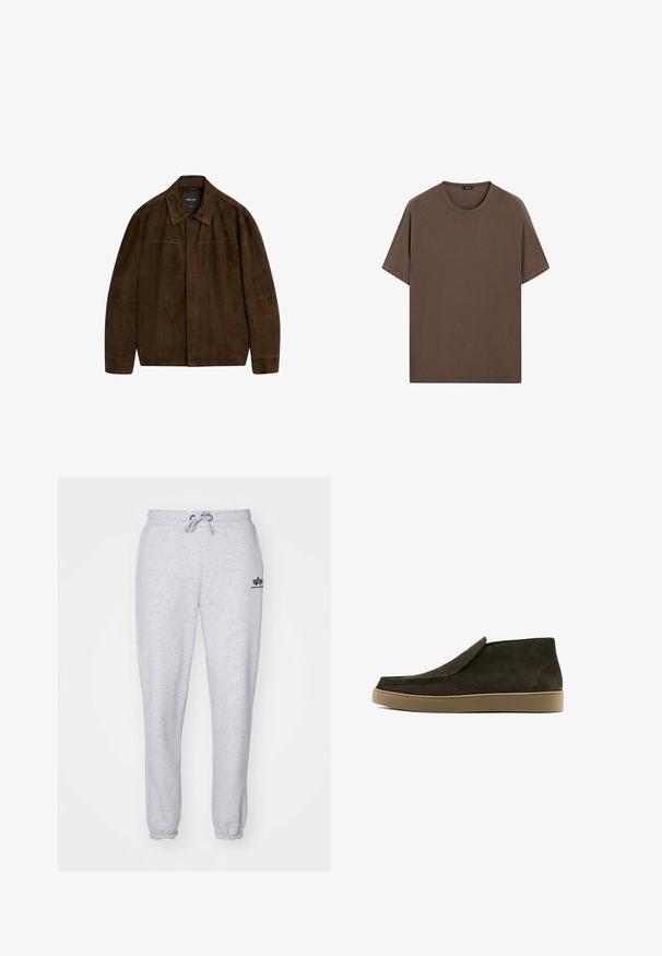 Bruine suède jas met een kraag, lange mouwen en een sluiting aan de voorkant. Heeft een soepele textuur en een eenvoudig ontwerp zonder zichtbare patronen.; Bruine katoenen t-shirt met een ronde hals en korte mouwen. Eenvoudig ontwerp met een gelijkmatige textuur en een comfortabele pasvorm. Geen patronen of accenten.; Lichtgrijze sweatpants met een trekkoord in de taille, elastische boorden en een klein marineblauw logo op de linker bovenbenen. Zachte, gestructureerde stof.; Bruine suede instappers met een gladde afwerking, ronde neus en een lichtbruine rubberen zool. Bovenkant heeft een eenvoudig, strak design.