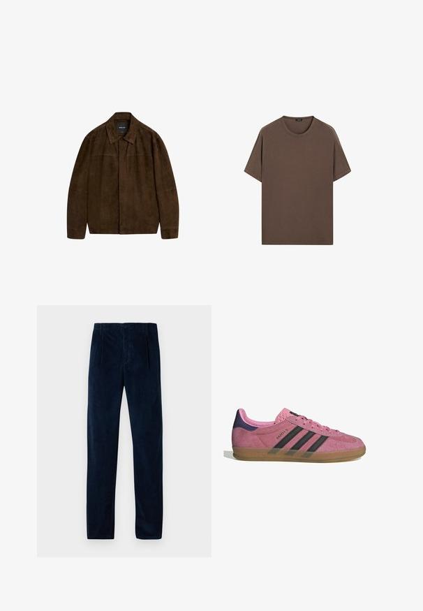 Hnědá suedová bunda s límcem, dlouhými rukávy a předním zapínáním. Má hladkou texturu a jednoduchý design bez viditelných vzorů.; Hnědé bavlněné tričko s kulatým výstřihem a krátkým rukávem. Jednoduchý design s rovnoměrnou strukturou a uvolněným střihem. Bez vzorů nebo akcentů.; Námořnické modré kordové kalhoty s předními sklady, poutky na opasek, bočními kapsami a uzavíráním na knoflík a zip, vystavené na bílé pozadí.; Růžové semišové tenisky s černými pruhy, gumovou podrážkou a strukturovaným fialovým podpatkem. Disponují šněrovacím designem a embosovaným logem na boku.