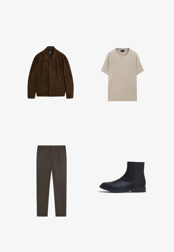 Brun mockajacka med krage, långa ärmar och framknäppning. Har en slät struktur och enkel design utan synliga mönster.; Beige bomullströja med rund halsringning, korta ärmar och en avslappnad passform. Slät textur med en enkel design, utan synliga mönster eller detaljer.; Mörkbruna byxor med rak benform, resår i midjan, knäppning framtill och sidofickor. Slät tygstruktur.; Svart läderankelboot med en slät textur, rund tå, lågt blockklack och minimalistisk design. Präglad logotyp på sidan.
