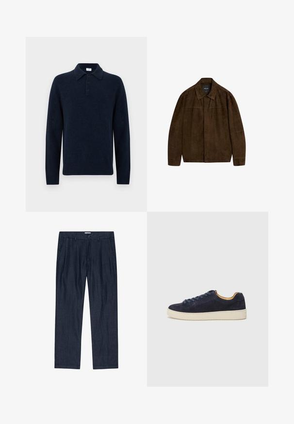 Brązowa zamszowa kurtka z kołnierzem, długimi rękawami i zapięciem z przodu. Posiada gładką fakturę i prosty design bez widocznych wzorów.; Granatowy, długi sweter polo z dzianiny z trzema guzikami i złożonym kołnierzykiem, zaprezentowany na białym tle.; Ciemnoniebieskie, luźne spodnie wykonane z fakturowanej tkaniny, z zapięciem na guzik i bocznymi kieszeniami; prosty krój nogawki z miękkim wykończeniem.; Granatowe zamszowe trampki niskie z okrągłym czubkiem, z off-white gumową podeszwą i pasującymi sznurówkami; mają kontrastującą tanową podszewkę wewnętrzną.