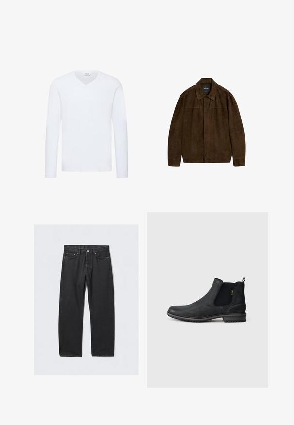 Brun ruskindsjakke med krave, lange ærmer og frontlukning. Har en glat tekstur og et enkelt design uden synlige mønstre.; Hvid langærmet V-hals t-shirt i en blød bomuldsblanding. Har en glat tekstur og lige kant med minimal detaljer.; Sorte denim jeans med lige ben, der har en knaplukning, fem lommer og hardware-accenter i kobberfarve. Glat tekstur.; Sorte læder Chelsea støvler med elastiske sidepaneler, en rund tå og tekstureret gummisål; har en pull-tab bagpå.