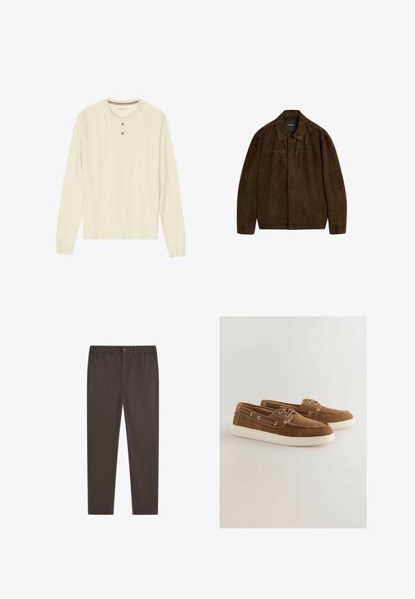 Hnědá suedová bunda s límcem, dlouhými rukávy a předním zapínáním. Má hladkou texturu a jednoduchý design bez viditelných vzorů.; Triko henley s dlouhým rukávem v krémové barvě, vyrobené z měkké látky, s žebrovaným kulatým výstřihem, dvouknoflíkovým průkrčníkem a raglánovými rukávy.; Tmavě hnědé kalhoty s přímým střihem nohavice, elastickým pasem, zapínáním na knoflík vpředu a bočními kapsami. Hladká textury látky.; Hnědé semišové boty s bílou gumovou podrážkou, šněrovací design, kovové očka a kontrastní prošívání podél okrajů.