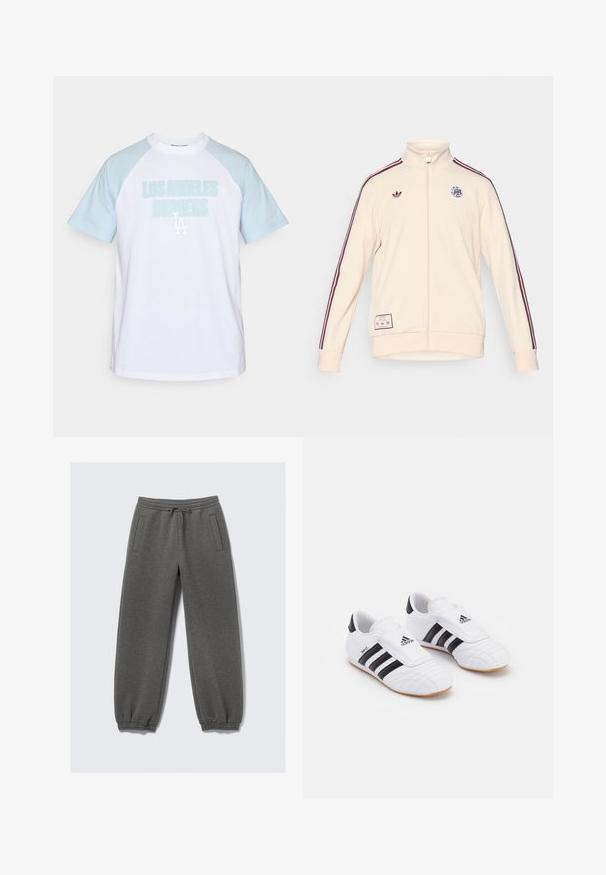 adidas Originals AJAX ICON TRACK TOP - Klupska odjeća - halo ivory; Bijela majica s svijetloplavim rukavima raglan, s natpisom "LOS ANGELES DODGERS" u velikom, svijetloplavom tekstu i malim "LA" logom.; Sive trenerke od mekog materijala, sa pojasom na vezanje, elastičnim manžetama i bočnim džepovima. Pravilan kroj.; Bijele atletske cipele s crnim trakama, s vlaknima sličnim antilopu, zaobljenim prstom i Velcro trakama. Gumeni potplat za prianjanje.