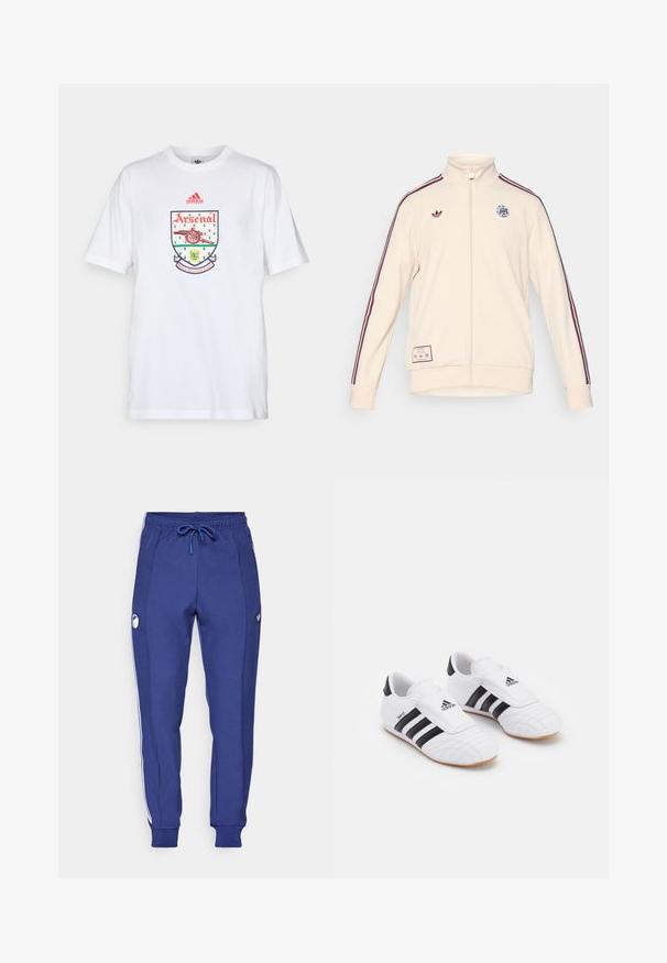 adidas Originals AJAX ICON TRACK TOP - Klubiriided - halo ivory; adidas Performance ARSENAL FC TEE 92-94 - Klubiriided - white; Tumesinine dressipüksid pehmest kangast, valgete külgtriipudega, elastse sooniku ja nööriga vöökoht ning logo detail vasakul jalal.; Valged spordijalatsid mustade triipudega, millel on säärikutaoline tekstuur, ümar varvas ja Velcro rihm. Kummikate haardeks.