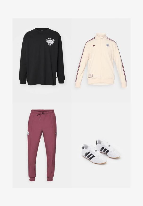 adidas Originals AJAX ICON TRACK TOP - Club wear - halo ivory; Black long-sleeve t-shirt made of cotton, featuring a white flame-patterned logo on the left chest and a crew neckline.; adidas Originals AJAX ICON TRACK PANT - Club wear - victory crimson; White athletic shoes with black stripes, featuring a suede-like texture, rounded toe, and a Velcro strap. Rubber outsole for traction.