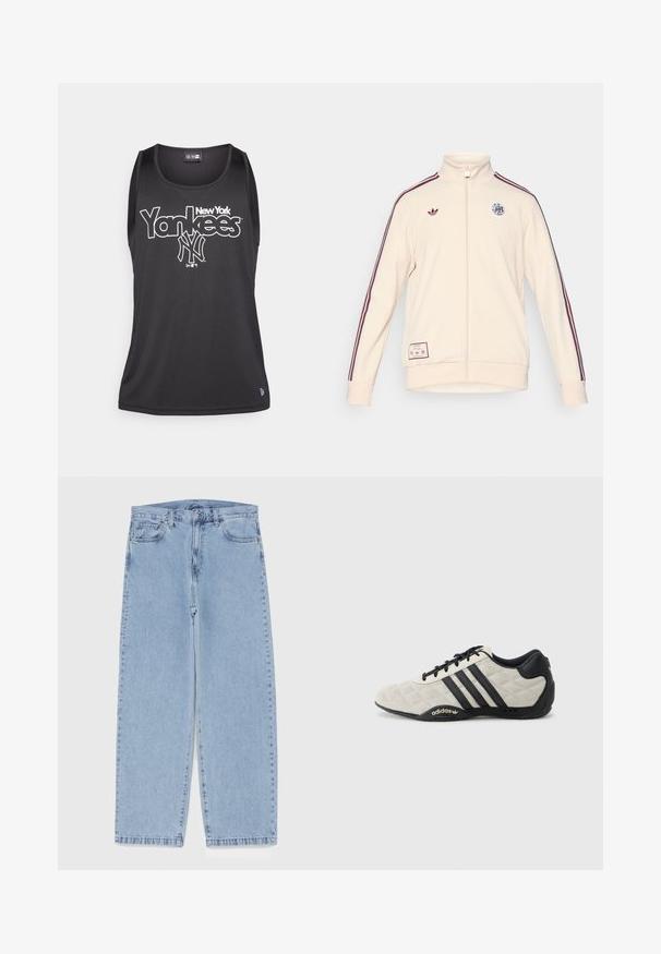 adidas Originals AJAX ICON TRACK TOP - Klubové oblečení - halo ivory; Černý tílko s kulatým výstřihem, na kterém je bílý text "New York Yankees" a logo na přední straně. Vyrobeno z hladkého, lehkého materiálu.; Světle modré džíny s rovnými nohavicemi, středním pasem, pěti kapsami a zapínáním na knoflík a zip.; Sportovní boty Adidas s texturovaným, světle šedým svrškem a černými koženými akcenty. Obsahují černé logo se třemi pruhy a polstrovanou podrážku.