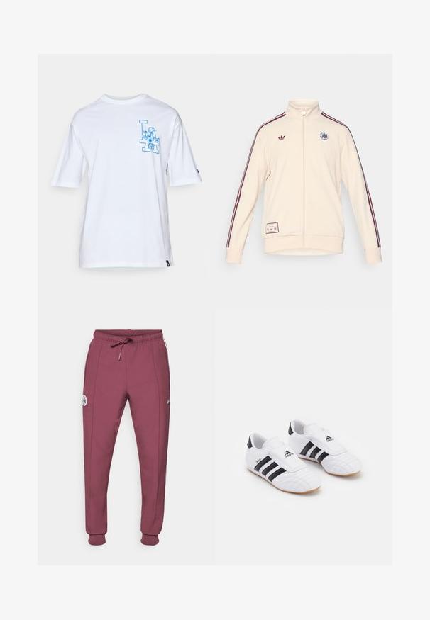 adidas Originals AJAX ICON TRACK TOP - Klubbklær - halo ivory; Hvit t-skjorte med korte ermer laget av myk bomull, med et blått grafisk design med "LA" foran. Standard rund hals og avslappet passform.; adidas Originals AJAX ICON TRACK PANT - Klubbklær - victory crimson; Hvite treningssko med svarte striper, med en semsket overflate, rund tå og borrelåsrem. Gummisåle for godt grep.