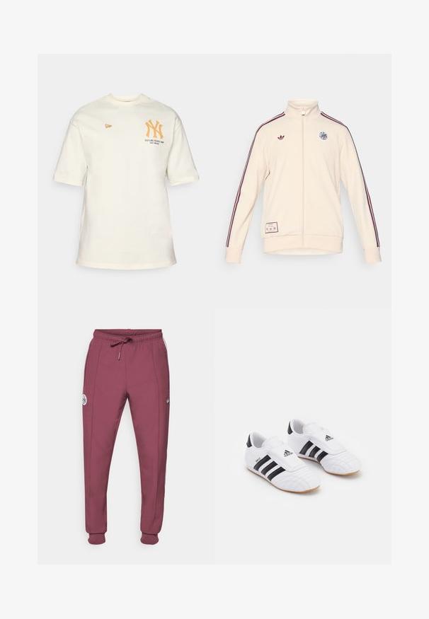 adidas Originals AJAX ICON TRACK TOP - Klubbklær - halo ivory; Kremfarget bomull T-skjorte med korte ermer, med en oransje NY-logo og teksten "Etablert 1903 THE BRONX" trykket på fronten.; adidas Originals AJAX ICON TRACK PANT - Klubbklær - victory crimson; Hvite treningssko med svarte striper, med en semsket overflate, rund tå og borrelåsrem. Gummisåle for godt grep.