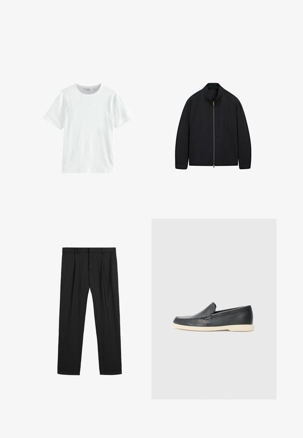 Sort zip-up jakke med opretstående krave, glat stof, lange ærmer og minimalistisk design. Ingen synlige mønstre eller accenter.; Hvid bomulds-T-shirt med korte ærmer, rund hals og ribbet tekstur. Enkel design, velegnet til afslappet brug. Ingen synlige mønstre eller accenter.; Sorte plisserede bukser lavet af et glat stof, med en traditionel talje og lige ben design. Ingen synlige mønstre eller hardware.; Sorte læder slip-on loafers med en struktureret overflade og en kontrasterende beige gummisål. Har en subtil detalje langs forsiden.