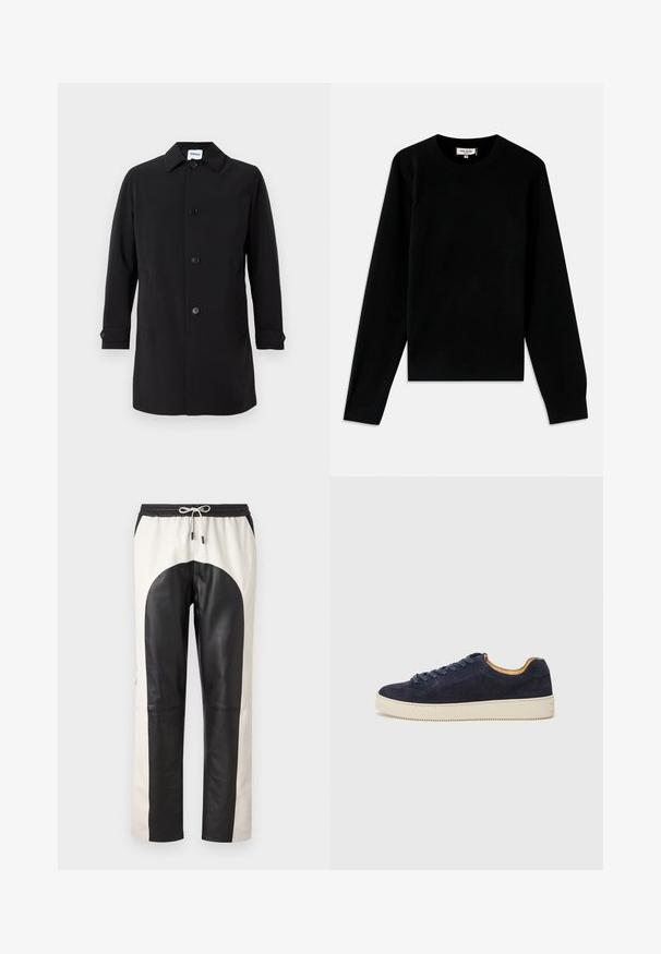 Fekete kabát, sima anyagból készült, pödrött nyakkal, öt elülső gombbal, két oldalsó zsebbel és gombos mandzsettával. Klasszikus szabás.; Fekete kötött pulóver klasszikus kerek nyakkal. Hosszú ujjaival és bordás mandzsettákkal valamint aljjal rendelkezik. Puha, könnyű anyagból készült.; Fekete és krém színű, lazán illeszkedő nadrág, rugalmas derékkal és zsinórral, bőr és textil anyagok keverékéből.; Tengerészeti suède alacsony szárú sportcipő kerek orral, törtfehér gumitalppal és hozzá illő fűzőszerkezet; kontrasztos barna belső béléssel rendelkezik.