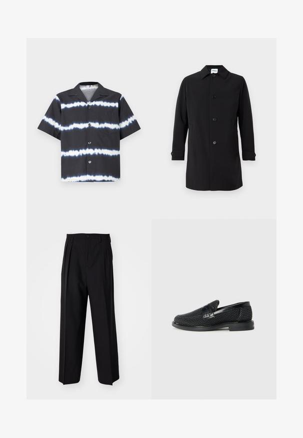 Manteau noir en tissu lisse, avec un col, cinq boutons à l'avant, deux poches latérales et des poignets boutonnés. Coupe classique.; Chemise à manches courtes noire avec des rayures tie-dye blanches, dotée d'un col, d'un bouton sur le devant et d'une seule poche poitrine. Fabriquée en tissu doux.; Pantalons plissés noirs avec un design droit et large. Fabriqués en tissu lisse, avec une fermeture à bouton et des passants de ceinture.; Chaussure slip-on tissée noire avec un accent en cuir lisse sur le dessus, un design à bout rond et une semelle en caoutchouc à profil bas.