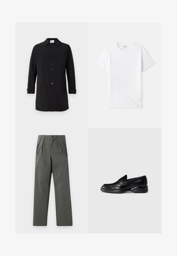 Schwarzer Mantel aus glattem Stoff, mit kragenförmigem Hals, fünf vorderen Knöpfen, zwei Seitentaschen und geknöpften Manschetten. Klassische Passform.; Weißes Baumwoll-T-Shirt, Rundhalsausschnitt, kurze Ärmel, glatte Textur, keine Muster oder Akzente, einfaches Design, normale Passform.; Leichte, gefaltete Hose aus dunkelgrau Baumwolle mit geradem Bein. Mit einem vorderen Knopfverschluss und Gürtelschlaufen.; Schwarze Lederloafer mit einer niedrigen, strukturierten Gummisohle und einem gestickten Design auf dem Obermaterial. Sie haben eine abgerundete Zehenpartie und minimalen Verzierungen.