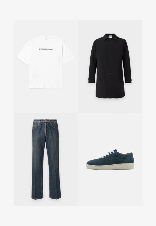 Črni plašč iz gladkega materiala, z ovratnikom, petimi sprednjimi gumbi, dvema stranskima žepoma in gumbi na manšetah. Klasičen kroj.; Bela bombažna majica s kratkimi rokavi in krožnim ovratnikom, z napisom "MOJE NAJLJUBŠE STVARI" natisnjenim v črni barvi spredaj in zadaj.; Temno modri traper hlače ravnega kroja z gumbom spredaj, zadrgo, dvojnimi sprednjimi žepi in vidnimi navpičnimi gubami po nogah.; Modri nubuk superge z zaobljenim prstom, belimi vezalkami in gumijastim podplatom. Opremljene so z diskretnim šivanjem in branded poudarkom na strani.