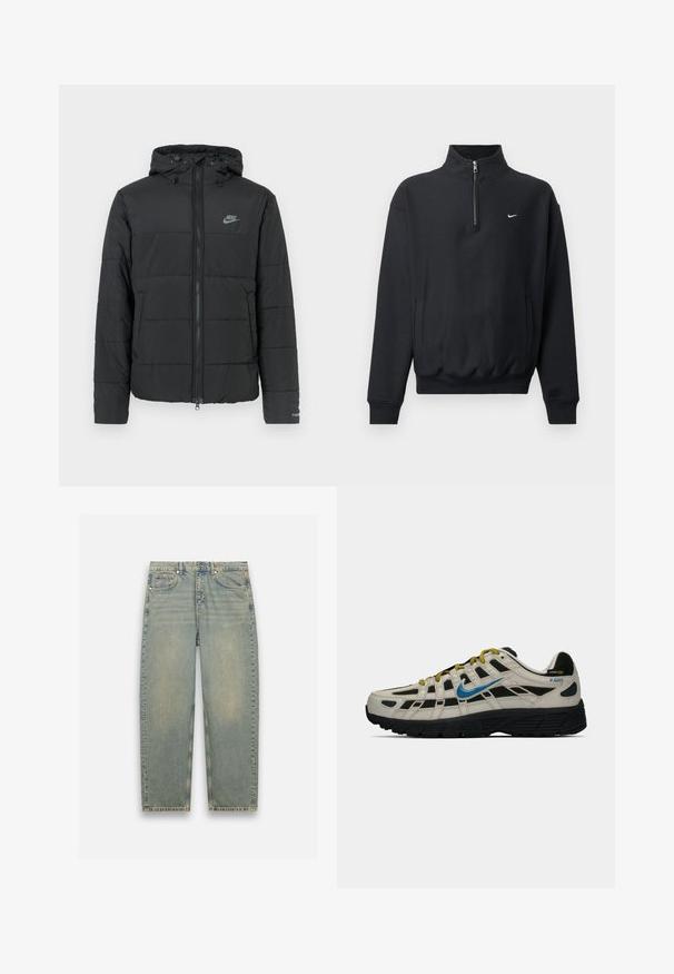 Mustan untuvatakin huppu, jossa on vetoketju etupuolella, vaakasuora tikkuroma ja pieni logo vasemmassa yläkulmassa.; Mustapaita, jossa on korkea vetoketjukaulus, pitkät hihat, sivutaskut ja joustava vyötärö. Rinnassa pieni valkoinen Nike-logo.; Vaaleansiniset farkut, joissa on hieman haalistunut pinta, suora lahkeiden muotoilu, viisi taskua sekä metalliset yksityiskohdat vyötäröllä.; Beige ja must Nike P-6000 tennisjalanik kollasele sirmusele, kollased paelad, must tall ja Cordura kangas silt kandadel.