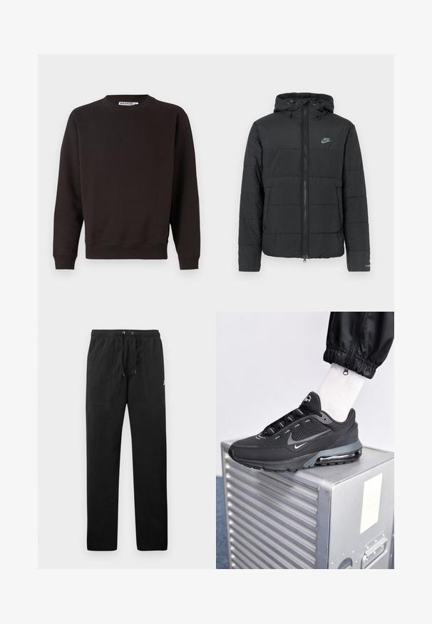 Doudoune noire avec capuche, dotée d'une fermeture éclair à l'avant, d'un motif matelassé horizontal et d'un petit logo sur le côté supérieur gauche.; Sweatshirt marron foncé, col rond, manches longues, poignets et ourlet côtelés, texture lisse, sans motifs ni graphiques visibles.; Pantalons de survêtement noirs en polaire, dotés d'une taille élastique avec cordons de serrage, de deux poches avant et d'un petit logo sur la cuisse.; Nike Sportswear PULSE - Baskets basses - black/anthracite