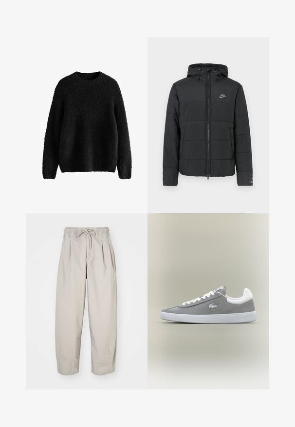 Czarna kurtka puchowa z kapturem, z zamkiem z przodu, poziomym pikowaniem i małym logo po lewej stronie u góry.; Czarny sweter dzianinowy o teksturowanym, puszystym wykończeniu. Okrągły dekolt, długie rękawy i luźny krój. Prosty wzór, bez widocznych zapięć.; Beżowe, lekkie spodnie z elastycznym pasem i sznurkiem do regulacji. Posiadają pliski i luźny krój, wykonane z miękkiego, gładkiego materiału.; Szare zamszowe sneakersy z białą gumową podeszwą, sznurowane, z wyszywanym logo po boku. Minimalistyczny design z klasyczną sylwetką.