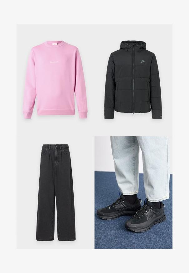 Juodas pūkinis džemperis su gaubtu, su užtrauktuku priekyje, horizontaliu siuvinėjimu ir mažu logotipu kairėje viršutinėje pusėje.; Rožinė medvilnės mišinio sportinė striukė, su ilgomis rankovėmis ir apvaliu iškirpimu. Priekinėje pusėje yra baltas, kreivu šriftu parašytas logotipas.; Plačios kojos, aukšto juosmens juodos džinsinės kelnės su priekiniais mygtukais ir užtrauktuku, turinčios šonines kišenes ir lygią tekstūrą.; Juodi sportiniai bateliai su tekstūruota medžiaga ir guminiais padais, su elastingomis raišteliais ir mėlynu akcentu ant kulno. Dėvimi su šviesiai mėlynomis džinsinėmis kelnėmis.