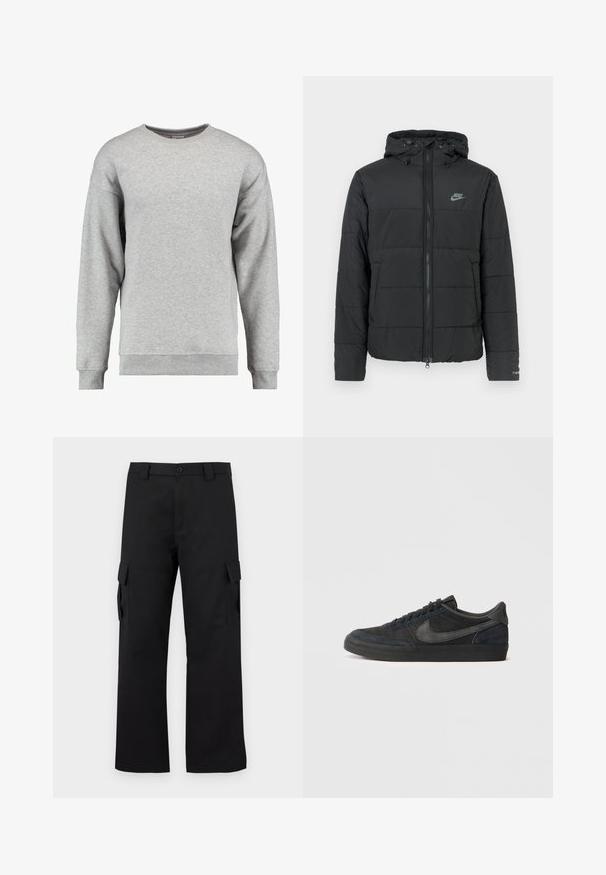 Jachetă puffer neagră cu glugă, având fermoar pe față, model cusut orizontal și un mic logo în partea stângă sus.; Hanorac gri cu guler rotund, fabricat din bumbac moale. Prezintă mâneci lungi, manșete și margine ribbate, având un design simplu, fără decorațiuni.; Pantaloni cargo negri cu un design drept. Confectionati dintr-un material durabil, avand doua buzunare laterale cu clapete si un sistem de inchidere cu nasture.; Sneakers negre din suede cu profil joasă, talpă din cauciuc, panouri laterale texturate și logo Nike swoosh în ton. Se încheie cu șireturi, guler căptușit.