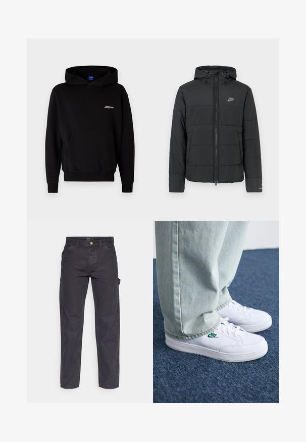 Mustmust tömbjakker kapuutsiga, millel on lukuga esiosa, horisontaalne tikandi muster ja väike logo vasakul ülalpool.; Musta kapuutsiga dressipluus, mis on valmistatud pehmest kangast. Omab eesmist taskut ja tikitud logo rinnal. Ribide ees ja all.; Tumehallid cargo-püksid, mis on valmistatud vastupidavast kangast, sirge lõikega, viie tasku ja nupuga kinnitusega vööl.; Valged nahast tennisetossud rohelise Nike logo ja ümarate varvastega, lamedate taldadega, koos helesiniste teksapükstega, esitatud sinisel vaibal.