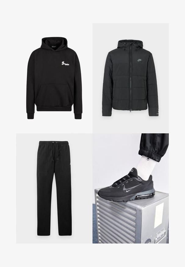 Zwarte pufferjas met capuchon, voorzien van een rits aan de voorkant, een horizontaal gestikt patroon en een klein logo op de bovenste linkerkant.; Zwarte hoodie gemaakt van fleece. Beschikt over een voorzak, ribgebreide manchetten en een geborduurd wit logo op de borst.; Zwarte sweatpants van fleece, met een elastische tailleband met trekkoorden, twee voorzakken en een klein logo op de dij.; Nike Sportswear PULSE - Sneakers laag - black/anthracite