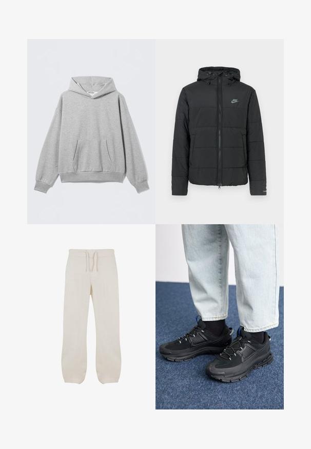 Mustmust tömbjakker kapuutsiga, millel on lukuga esiosa, horisontaalne tikandi muster ja väike logo vasakul ülalpool.; Helehall hall kapuutsiga pusa, valmistatud pehmest kangast, esimesel taskul, soonikutega mansettidel ja lõdva lõikega, kaeluses sildiga.; Heledad kahvatu linane püksid elastse vöökoha ja köieotsaga. Sirge sääre disain, sile tekstuur ja kerge kitsendus pahkluude juures.; Mustad mustad jooksukingad, millel on tekstureeritud kangas ja kummist tallad, elastsed nöörid ning sinine aksent kandadel. Kandmine heledate teksadega.