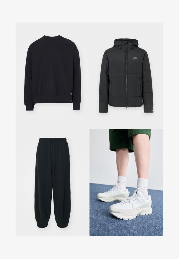 Doudoune noire avec capuche, dotée d'une fermeture éclair à l'avant, d'un motif matelassé horizontal et d'un petit logo sur le côté supérieur gauche.; Sweatshirt noir avec un col rond, des manches longues, des poignets et un ourlet côtelés. Présente un petit logo blanc sur le bas à gauche.; Pantalons de survêtement noirs avec taille élastiquée, coupe ample, chevilles côtelées, texture lisse et sans motifs ni accents matériels visibles.; Des chaussures de sport blanches avec des superpositions texturées, une semelle épaisse et des accents gris. Portées avec des chaussettes blanches et des shorts verts sur une surface bleue.