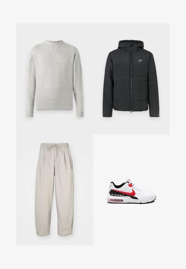 Black puffer jacket with a hood, featuring a zip front, horizontal quilted pattern, and a small logo on the upper left side.; Light gray sweater made from soft fabric, featuring a ribbed crew neckline and ribbed cuffs and hem. Minimalist design, long sleeves.; Beige, lightweight trousers with an elastic waistband and drawstring. Features pleats and a loose fit, crafted from soft, smooth fabric.; White athletic shoe with black and red accents, featuring a smooth leather upper, lace-up front, and visible air cushioning in the sole.