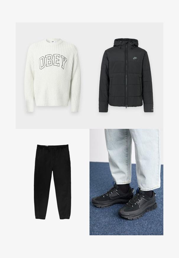 Černá péřová bunda s kapucí, má přední zip, horizontálně prošívaný vzor a malé logo na levé horní straně.; Bílý pletený svetr s nápisem "OBEY" černými písmeny přes hruď, s žebrovanou texturou a kulatým výstřihem.; Černé kalhoty s elastickým pasem a stahovací šňůrkou, se zúženými nohavicemi, bočními kapsami a jemnými detaily bočního šití. Měkká textilie z bavlny.; Černé sportovní boty s texturovanou tkaninou a gumovou podrážkou, s elastickými tkaničkami a modrým akcentem na patě. Nosí se s světlými džíny.