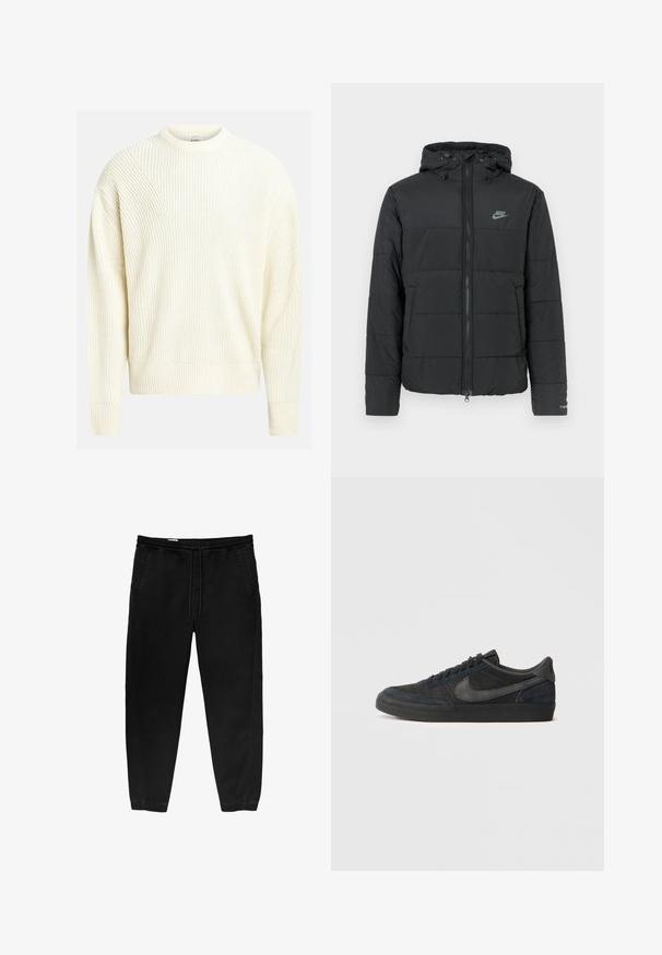 Black puffer jacket with a hood, featuring a zip front, horizontal quilted pattern, and a small logo on the upper left side.; Light cream knitted sweater with a ribbed texture, round neckline, and dropped shoulders; features a relaxed fit and a solid color.; Black elastic waistband pants with a drawstring, tapered legs, side pockets, and subtle side stitching details. Soft cotton fabric texture.; Black suede sneakers with a low profile, rubber outsole, textured side panels, and tonal Nike swoosh logo. Laced front, cushioned collar.