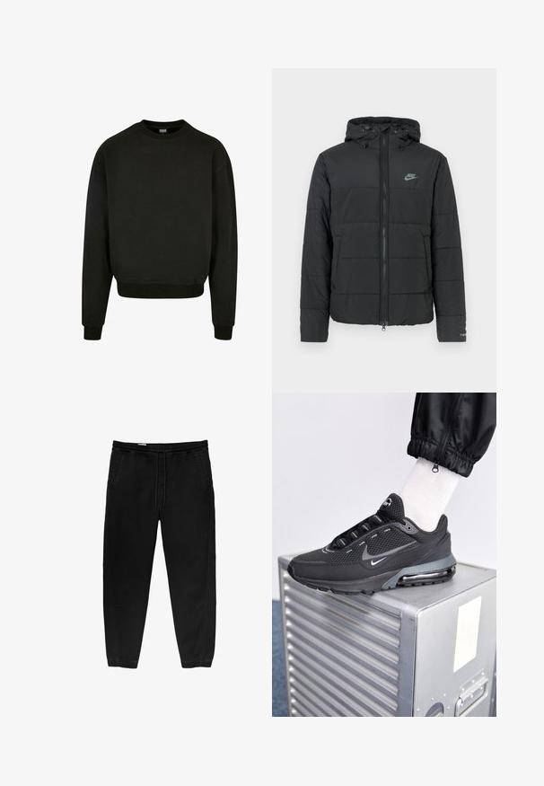 Černá péřová bunda s kapucí, má přední zip, horizontálně prošívaný vzor a malé logo na levé horní straně.; Černá mikina s kulatým výstřihem vyrobená z kombinace bavlny, s dlouhými rukávy a žebrovanými manžetami a spodním lemem. Jednoduchý design v jedné barvě.; Černé kalhoty s elastickým pasem a stahovací šňůrkou, se zúženými nohavicemi, bočními kapsami a jemnými detaily bočního šití. Měkká textilie z bavlny.; Nike Sportswear PULSE - Tenisky - black/anthracite