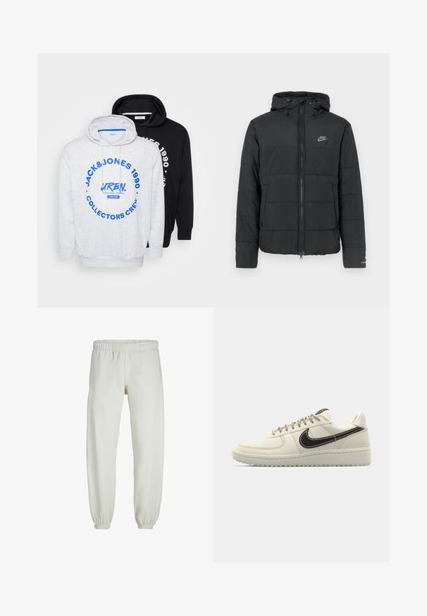 Chaqueta acolchada negra con capucha, que presenta un cierre con cremallera, un patrón de acolchado horizontal y un pequeño logotipo en la parte superior izquierda.; Dos sudaderas: una gris con texto gráfico azul y un gran diseño circular, y otra completamente negra, ambas con capuchas ajustables y puños acanalados.; Pantalones de chándal blancos hechos de una tela suave, con cinturilla y puños elásticos, que presentan una textura suave y un diseño holgado.; Zapatillas de cuero beige con suela de goma blanca, que presentan un swoosh marrón oscuro, detalles cosidos y cordones grises.