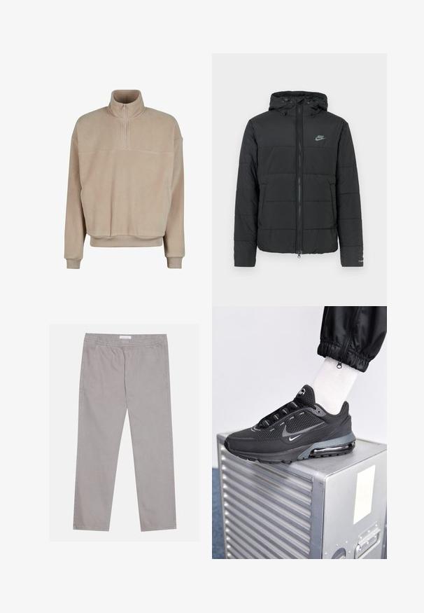 Giubbotto imbottito nero con cappuccio, caratterizzato da una chiusura con zip frontale, un motivo a righe orizzontali e un piccolo logo sul lato sinistro in alto.; Pullover in pile beige chiaro con colletto alto, chiusura a metà zip, polsini a coste e vestibilità ampia. Presenta una tasca frontale per lo stoccaggio.; Pantaloni di cotone grigio chiaro con vita elastica, due tasche laterali, design a gamba dritta e una trama liscia. Dettaglio di cuciture semplice.; Nike Sportswear PULSE - Sneakers basse - black/anthracite
