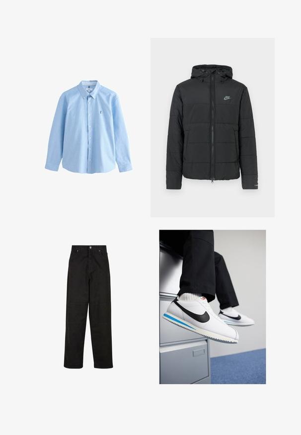 Schwarze Daunenjacke mit Kapuze, ausgestattet mit einem Reißverschluss auf der Vorderseite, horizontal gestepptem Muster und einem kleinen Logo auf der oberen linken Seite.; Hellblaues langärmeliges Button-Up-Hemd aus Baumwolle mit klassischem Kragen, mit einem kleinen gestickten Logo auf der linken Brust.; Schwarze, weite Baumwollhosen mit glatter Textur, ausgestattet mit zwei frontalen Taschen, einem Knopfverschluss und einem geraden Schnitt.; Weisse Ledersneaker mit schwarzem Nike-Swoosh, hellblauem und grauem Gummisohle sowie klassischem Schnürdesign. Füße ruhen auf einem Aktenschrank.