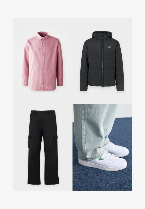 Chaqueta acolchada negra con capucha, que presenta un cierre con cremallera, un patrón de acolchado horizontal y un pequeño logotipo en la parte superior izquierda.; Camisa de manga larga y botones en un tejido de color rosa claro. Presenta un cuello clásico, seis botones en la parte frontal y un sutil logo en el pecho.; Pantalones cargo negros con un diseño de pierna recta. Fabricados con un tejido duradero, cuentan con dos bolsillos laterales con cierres de solapa y una cremallera de botón.; Zapatillas de cuero blanco con logo de Nike verde, puntera redonda, suela plana, combinadas con pantalones de mezclilla azul claro, sobre una alfombra azul.