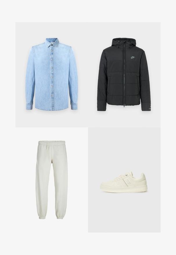 Mustmust tömbjakker kapuutsiga, millel on lukuga esiosa, horisontaalne tikandi muster ja väike logo vasakul ülalpool.; Hele sinine denimsärk pikkade varrukatega, nööpidega ees ja klassikalise kraega. Omab sujuvat tekstuuri ja õmblustega detaile.; Valged trennipüksid, mis on valmistatud pehmest kangast, elastse vöökoha ja mansettidega, sileda tekstuuri ja lõdva lõikega.; Koor valged tossud perforatsiooni detailide, nööpide ja külje logo ka, esitatud ühtlase valge tausta ees.