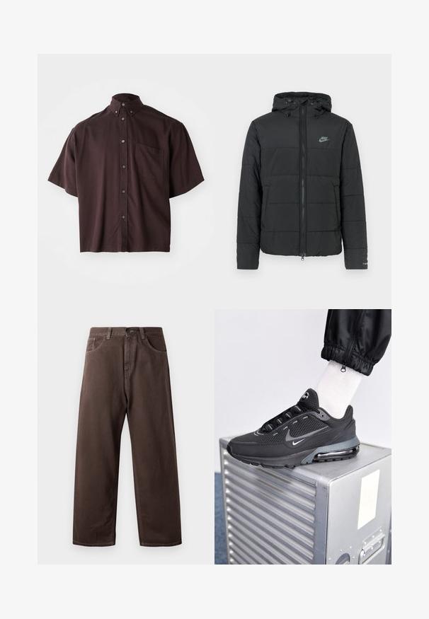 Schwarze Daunenjacke mit Kapuze, ausgestattet mit einem Reißverschluss auf der Vorderseite, horizontal gestepptem Muster und einem kleinen Logo auf der oberen linken Seite.; Kurzarmhemd mit Kragen in tiefburgunder. Mit Knöpfen auf der Vorderseite und einer Brusttasche. Glatter Stoff mit lockerer Passform.; Braune weite Baumwollhosen mit einem klassischen Five-Pocket-Design, einem Reißverschluss und sichtbaren Nähdetails.; Nike Sportswear PULSE - Sneaker low - black/anthracite