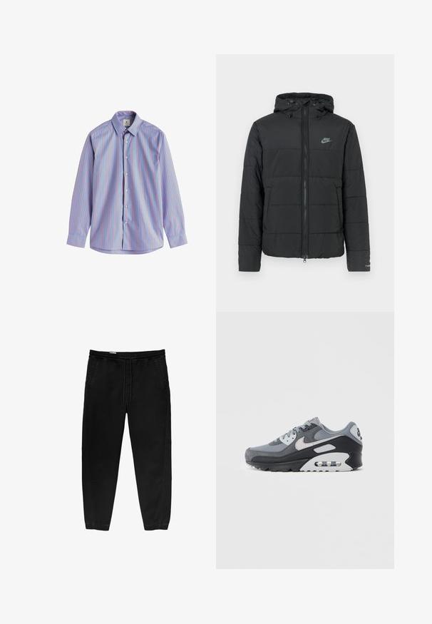 Mustan untuvatakin huppu, jossa on vetoketju etupuolella, vaakasuora tikkuroma ja pieni logo vasemmassa yläkulmassa.; Paitsi napilla ja pitkillä hihoilla, vaaleansinisestä kankaasta, jossa on pystysuoria punaisia raitoja, tavallinen kaulus ja napitus.; Mustat joustavat vyötäröhousut, joissa on nyöri, kapenevat lahkeet, sivutaskut ja hienovaraiset sivustikkaukset. Pehmeä puuvillakangas.; Harmaa lenkkitossu, jossa yhdistelmä verkkokangasta ja mokkanahkaa, musta pohja ja näkyvä ilmayksikkö. Huomattavat vaaleanharmaat yksityiskohdat ja nauhat.