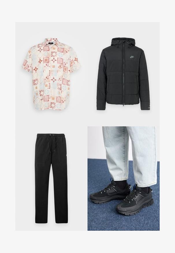 Doudoune noire avec capuche, dotée d'une fermeture éclair à l'avant, d'un motif matelassé horizontal et d'un petit logo sur le côté supérieur gauche.; Chemise à manches courtes boutonnée en tissu léger avec un design en patchwork comportant des motifs géométriques rouges, bleus et crème.; Pantalons de survêtement noirs en polaire, dotés d'une taille élastique avec cordons de serrage, de deux poches avant et d'un petit logo sur la cuisse.; Des chaussures de sport noires avec un tissu texturé et des semelles en caoutchouc, dotées de lacets élastiques et d'un accent bleu au talon. Portées avec un pantalon en denim clair.