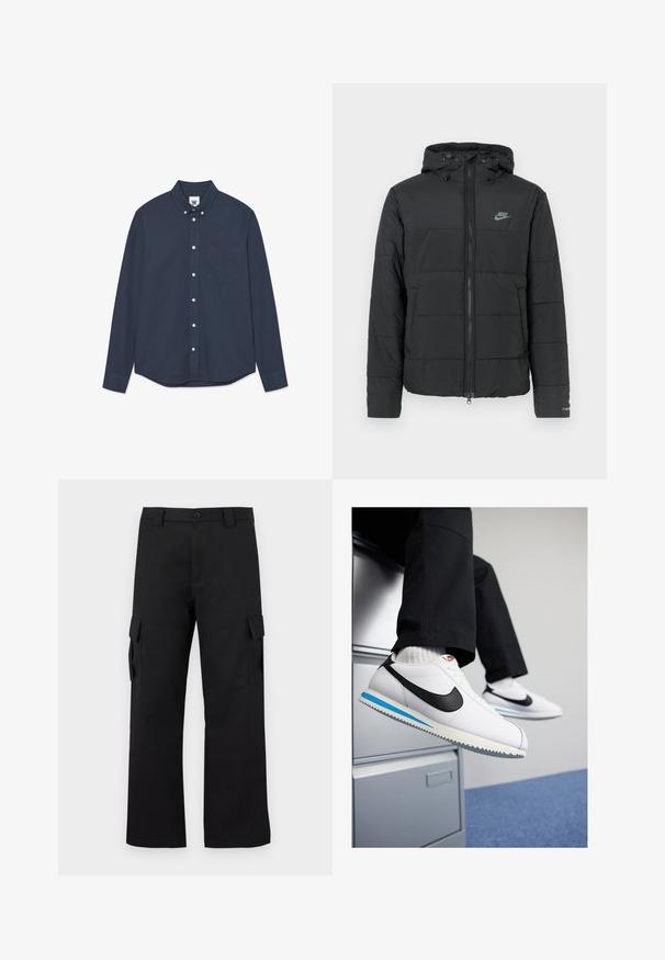 Melnā puffjakā ar mēteli ir rāvējslēdzēja priekšpuse, horizontāla izšuvuma raksts un mazs logotips kreisajā augšējā stūrī.; Jūras zila garām piedurknēm pogājama krekls ar priekšējo krūšu kabatu un mazu izšūtu logo uz kabatas un apkakles etiķetes.; Melni kargo bikses ar taisnu kāju dizainu. Izgatavotas no izturīga auduma, ar divām sānu kabatām ar atloki un pogu aizdari.; Baltas ādas sporta apavi ar melnu Nike zīmi, gaiši zilu un pelēku gumijas zoli un klasisku auklu dizainu. Kājām atpūšoties uz dokumentu skapja.
