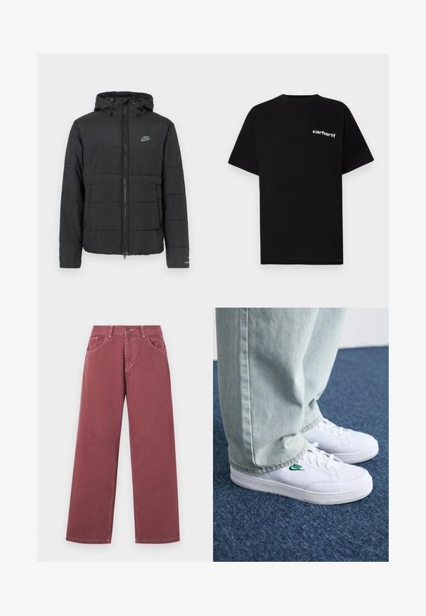 Jachetă puffer neagră cu glugă, având fermoar pe față, model cusut orizontal și un mic logo în partea stângă sus.; Tricou negru din bumbac cu mâneci scurte, decolteu rotund și logo-ul alb "Carhartt" pe pieptul stâng. Textură netedă, design minimalist.; Jeans largi, de culoare burgundă, din bumbac cu o textură netedă, prevăzuți cu buzunare frontale, curea și închidere cu un singur buton.; Adidași din piele albă cu logo-ul Nike verde, vârf rotund, talpă plată, asortați cu pantaloni din denim bleu deschis, prezentați pe un covor albastru.