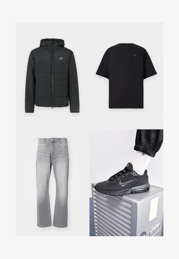 Schwarze Daunenjacke mit Kapuze, ausgestattet mit einem Reißverschluss auf der Vorderseite, horizontal gestepptem Muster und einem kleinen Logo auf der oberen linken Seite.; Schwarzes T-Shirt mit kurzen Ärmeln aus Baumwolle, mit Rundhalsausschnitt und kleinem, gesticktem Logo auf der Brust. Schlicht, lässige Passform.; Graue Jeans aus Denim mit geradem Bein, subtilen Verwaschungen und klassischem Fünf-Taschen-Design. Mit einem Knopf- und Reißverschluss ausgestattet.; Nike Sportswear PULSE - Sneaker low - black/anthracite