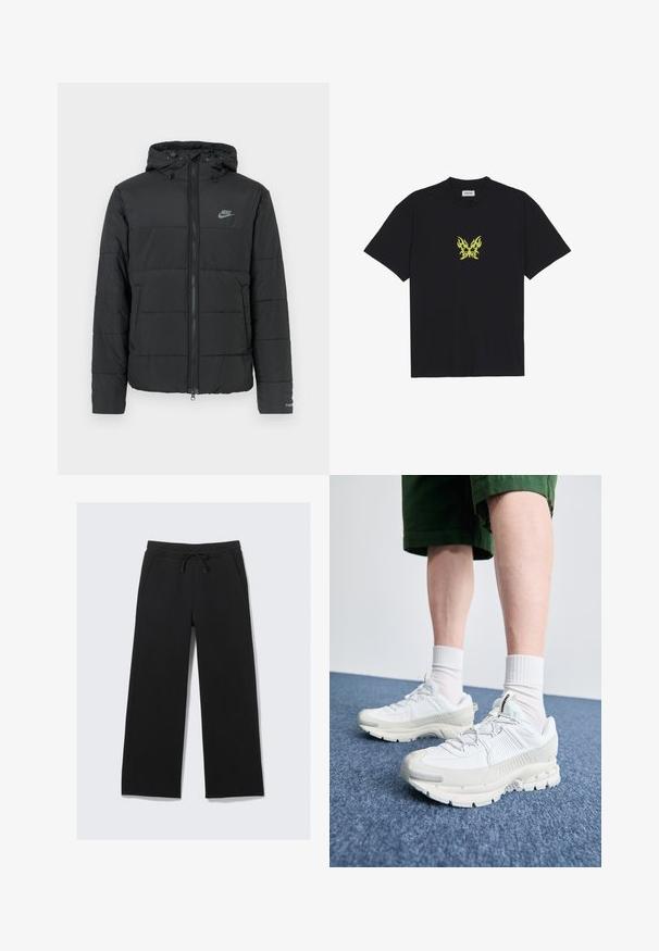 Schwarze Daunenjacke mit Kapuze, ausgestattet mit einem Reißverschluss auf der Vorderseite, horizontal gestepptem Muster und einem kleinen Logo auf der oberen linken Seite.; Schwarzes Baumwoll-T-Shirt mit einem kleinen, gelben Schmetterlings-Motiv im Flammenmuster auf der Brust. Rundhalsausschnitt, kurze Ärmel.; Schwarze weit geschnittene Sweatpants aus einem weichen Material. Mit einem elastischen Bund und einer Kordel sowie Seitentaschen. Glatte Textur.; Weiße Sportschuhe mit strukturierten Überzügen, einer dicken Sohle und grauen Akzenten. Tragen mit weißen Crew-Socken und grünen Shorts auf einer blauen Oberfläche.