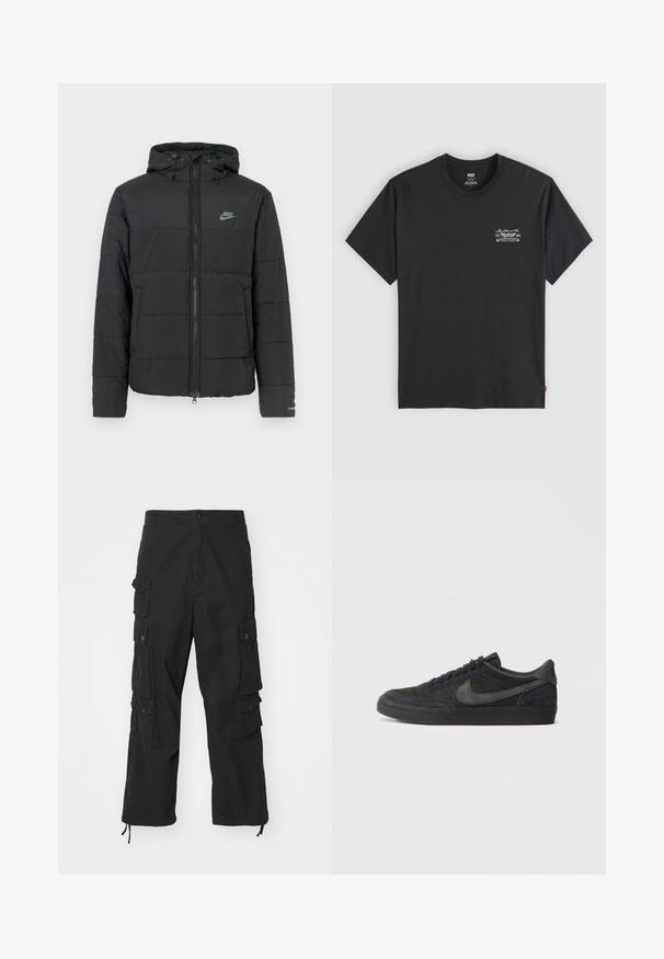 Czarna kurtka puchowa z kapturem, z zamkiem z przodu, poziomym pikowaniem i małym logo po lewej stronie u góry.; Czarny bawełniany T-shirt z krótkim rękawem i okrągłym dekoltem. Posiada mały biały nadruk graficzny na lewej piersi. Gładka faktura.; Carhartt WIP - Bojówki; Czarne zamszowe sneakersy o niskim profilu, gumowej podeszwie, teksturowanych bocznych panelach oraz tonalnym logo Nike. Z przodu sznurowane, z wyściółką w kołnierzu.