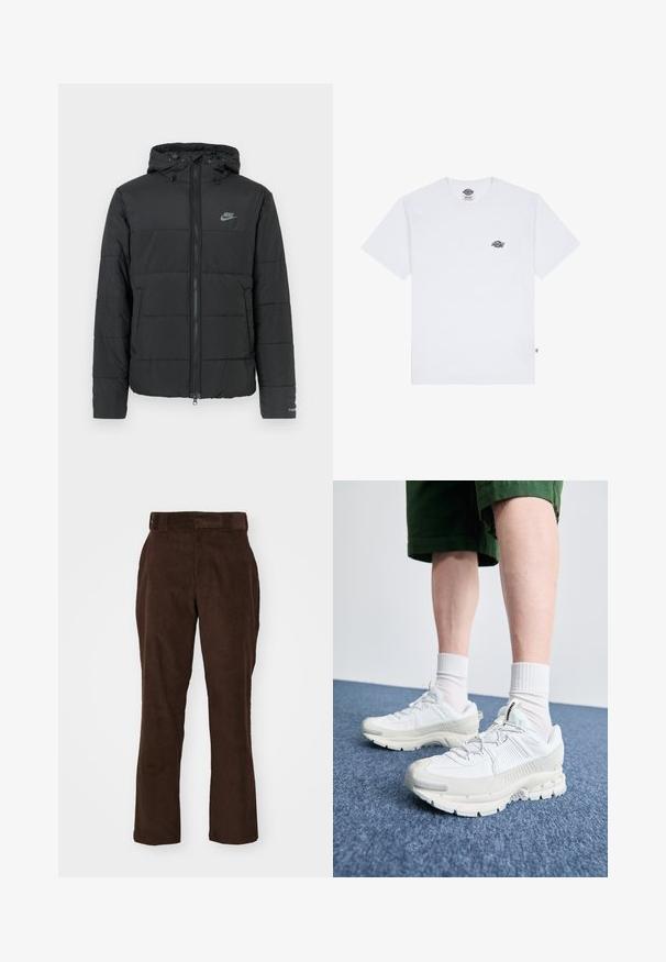 Black puffer jacket with a hood, featuring a zip front, horizontal quilted pattern, and a small logo on the upper left side.; White cotton t-shirt with short sleeves, featuring a small black logo on the chest and a tag on the bottom left corner.; Brown corduroy trousers with a straight-leg design, featuring a waistband, side pockets, and a soft, textured surface.; White athletic shoes with textured overlays, a chunky sole, and gray accents. Worn with white crew socks and green shorts on a blue surface.