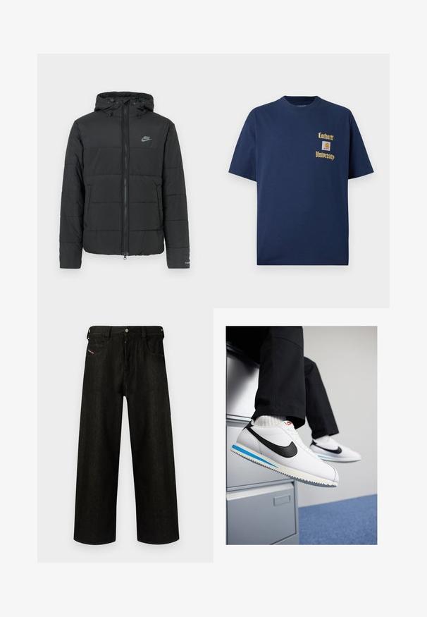Melnā puffjakā ar mēteli ir rāvējslēdzēja priekšpuse, horizontāla izšuvuma raksts un mazs logotips kreisajā augšējā stūrī.; Tumši zila kokvilnas T-krekls ar īsām piedurknēm, ar zelta tekstu "Carhartt University" un logo uzšuvumu kreisajā krūtī.; Melni platā kāju džinsi, izgatavoti no denim, ar rāvējslēdzēja aizdari, piecām kabatām un smalku apzīmējumu uz priekšējās kabatas. Izturīga un teksturēta auduma.; Baltas ādas sporta apavi ar melnu Nike zīmi, gaiši zilu un pelēku gumijas zoli un klasisku auklu dizainu. Kājām atpūšoties uz dokumentu skapja.
